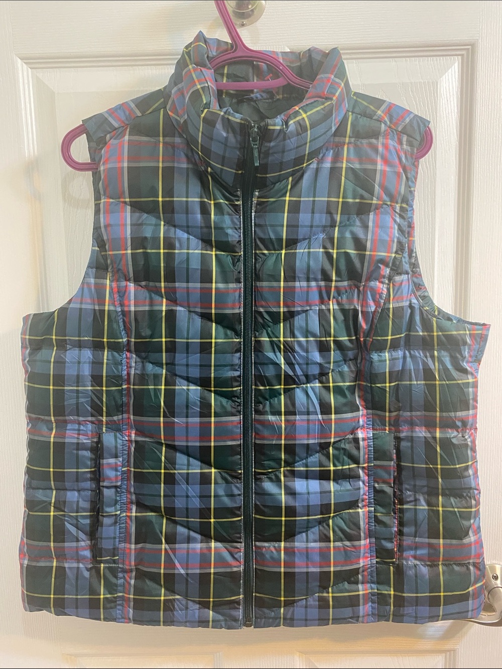 Lands’ End Green Blue Plaid Quilted Puffer Jacket Vest Women Size Large 14-16